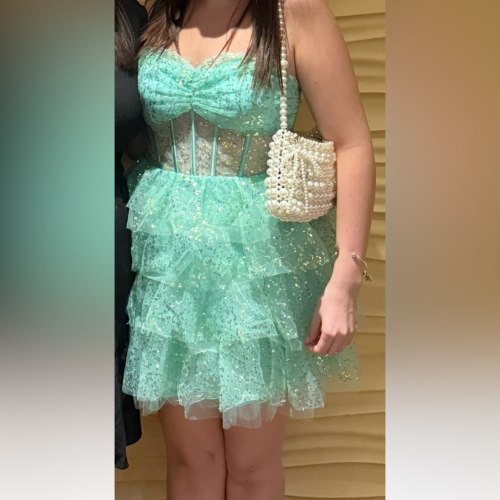 Mint Green Glittery Tiered Dress